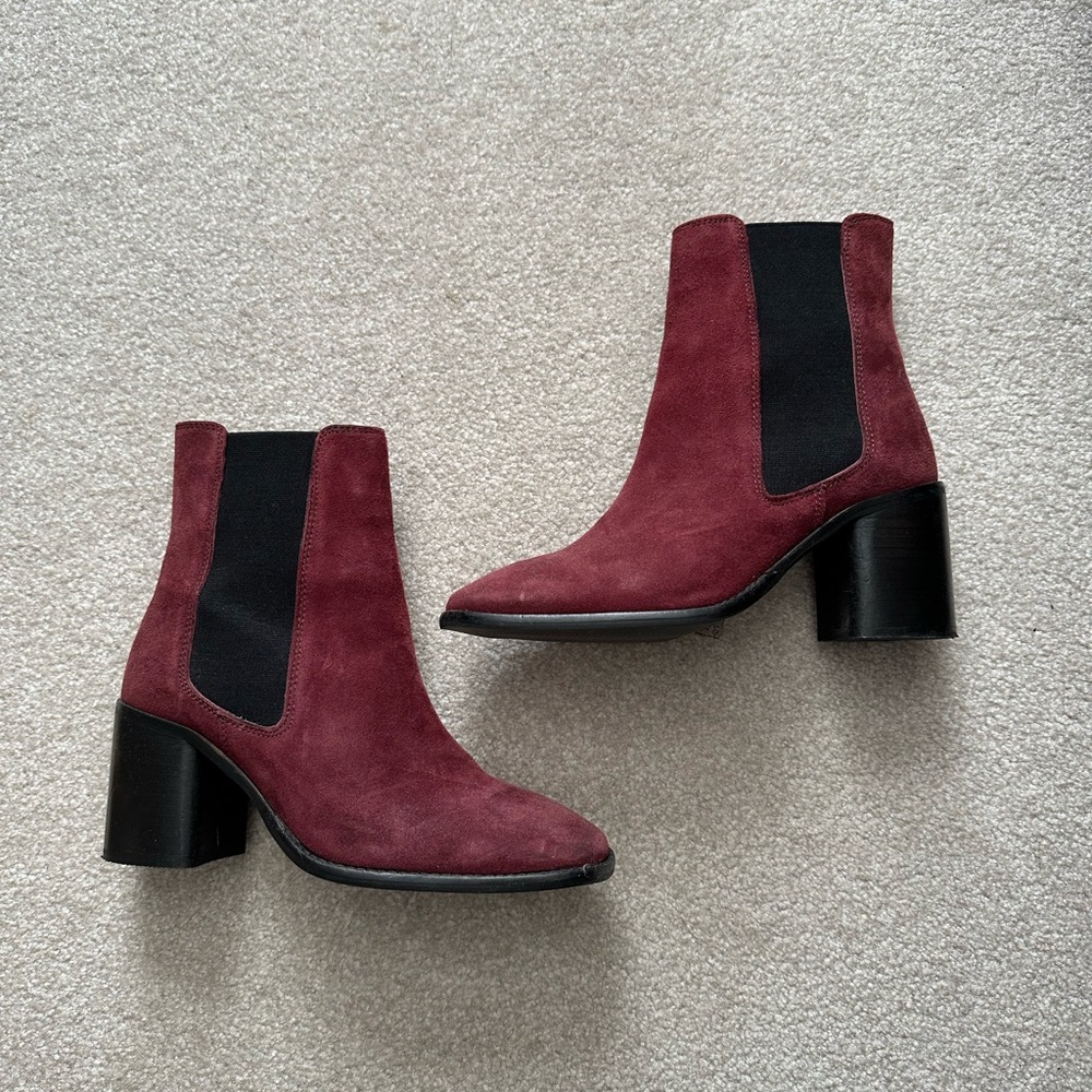 ASOS design. Maroon. Suede. Square toe. Chelsea boots.